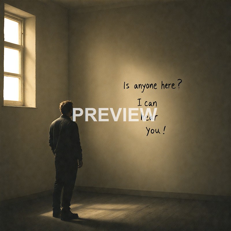 A man stands alone in a dimly lit, empty room with a single window, looking at the wall where the words "Is anyone here? I can hear you!" are written.